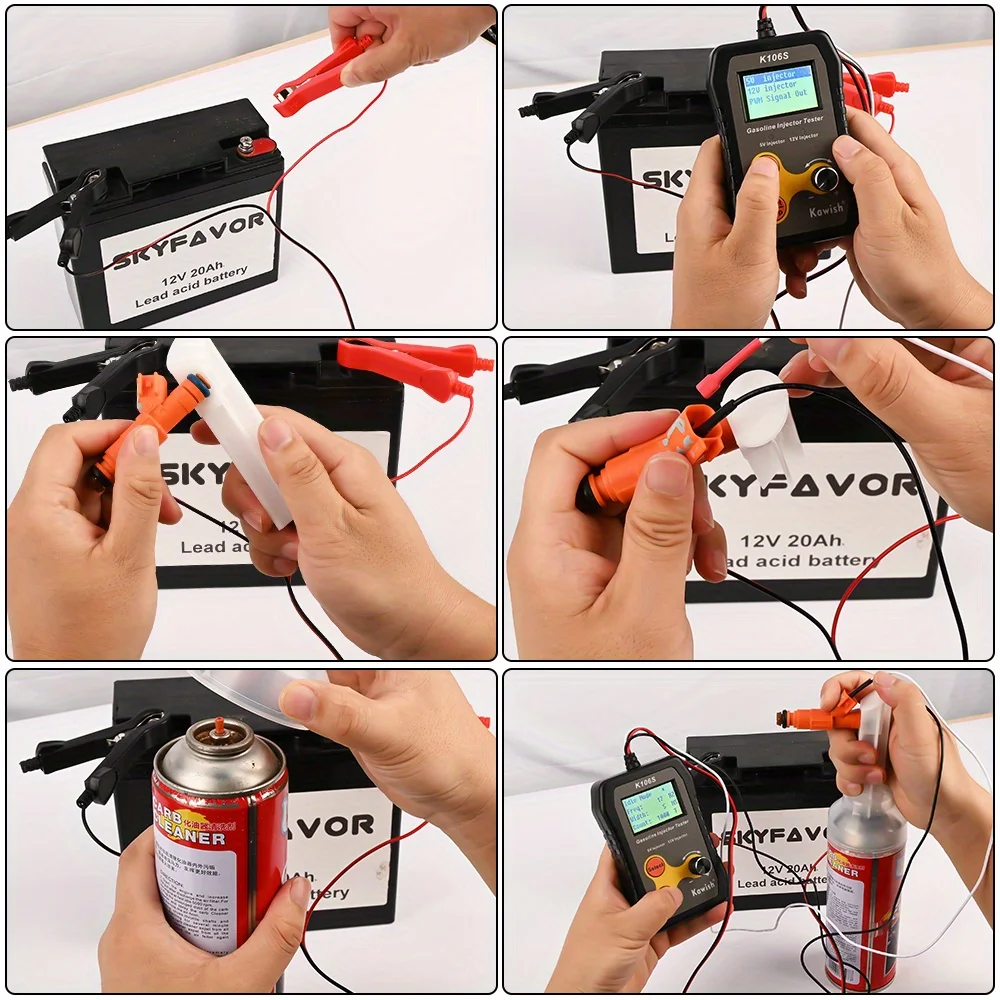 Universal Fuel Injector Tester and Cleaning Tool Kit, LCD Display, 10 Pulse Modes, 6 Connector Sizes for Fuel Injectors, PWM Signal Output Adjustment, DIY Tester Pulse Cleaning Tool, Suitable for Automobiles and Motorcycles