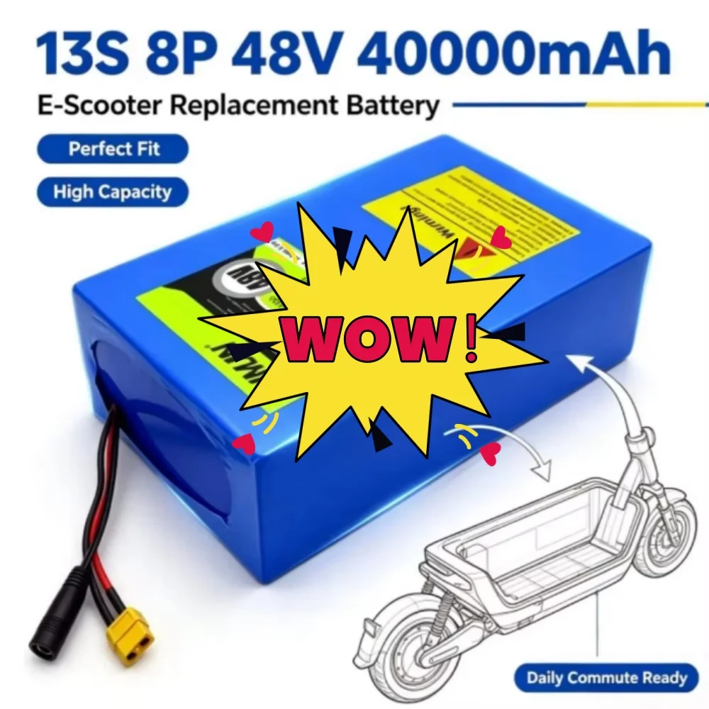 48V 40Ah High Capacity Lithium Battery Pack for Electric Scooter with 50A BMS 40000mAh 2000W Motorized Scooter Battery 13s8p