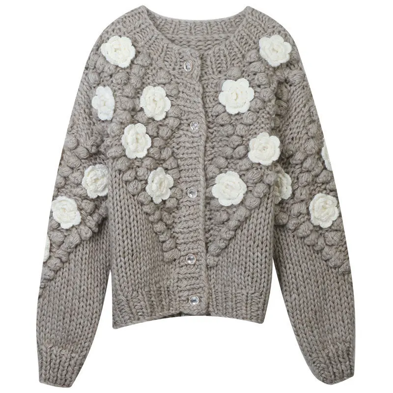 

Warm Thick Knitted Cardigan Sweater 2025 Autumn And Winter New Women's Cardigan Hand-crocheted Boho Flower Loose Round Neck Coat