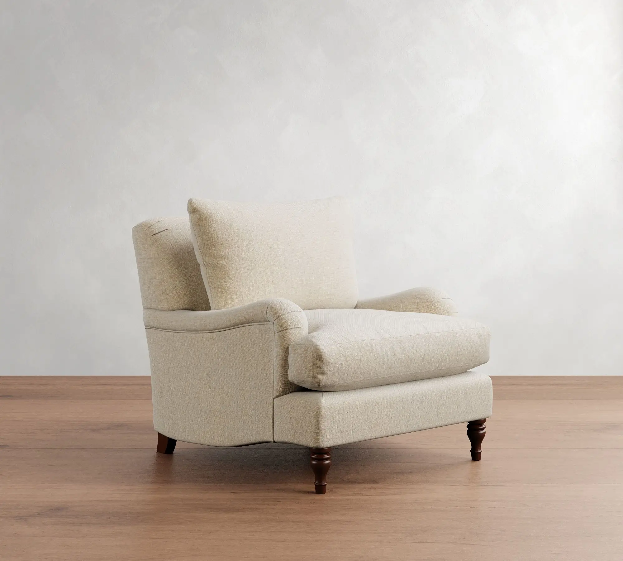 #Premium Upholstered English Roll Arm Solid  Espresso Finish Loose Cushions Corner Blocked Frame Heavy Gauge  Luxury Armchair
