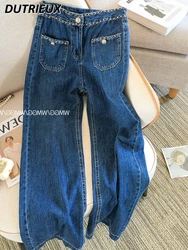 Heavy Industry Chain Decoration Loose Baggy Jeans Women's High Waist Casual Cotton Stretch Denim Pants 2023 Autumn New Trousers