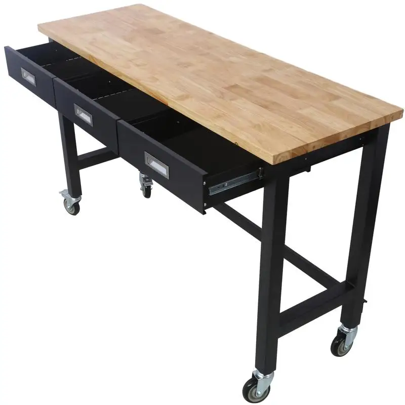 60in Workbench with Drawer Storage, Heavy Duty Bamboo Work Table on Wheels for Garage or Home Office Usage