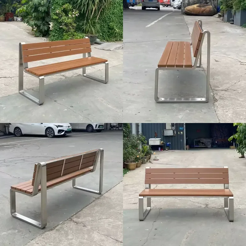 Modern Outdoor Metal Garden Bench with Wood Seating Weather-Resistant Stainless Steel Frame and Backrest for Outdoor Mall