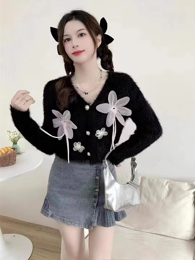 ​Chic Bowknot 3D Floral Knitted Cardigan 2025 New Autumn Winter Vintage Faux Raccoon Fur Short Sweater Coat Top Sweet​