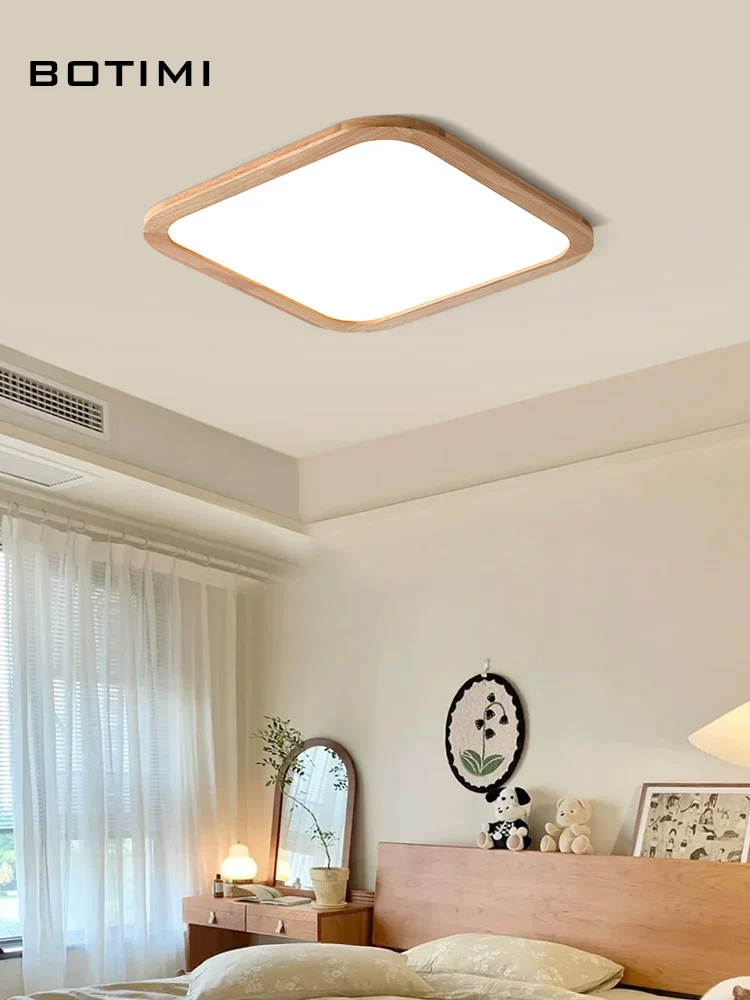 BOTIMI Dimmable Solid Wood LED Ceiling Light With Remote Contral For Living Room Modern Bedroom Lighting Square Rooms Lamp