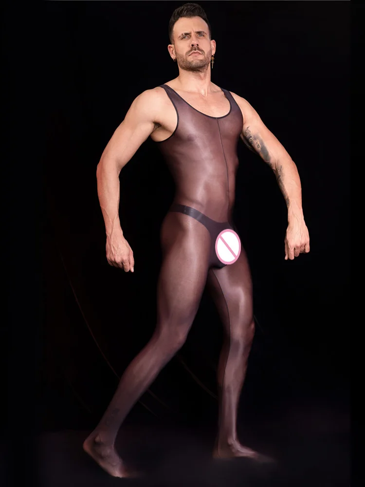 

Unisex Vest Open Crotch Bodysuit Oil Glossy Shiny Lingerie Sheer See Through Bandage Smooth Yoga Tights Elastic Shaping Leotard