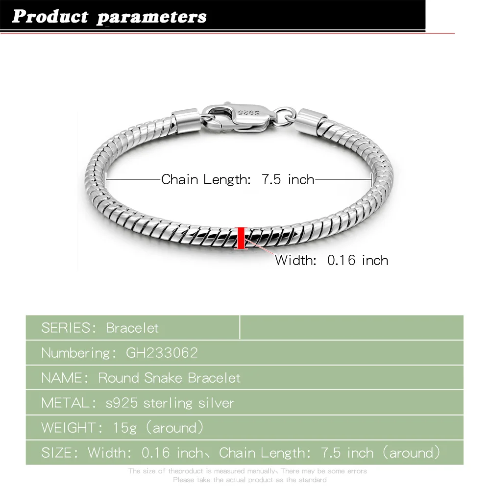 Smooth 3MM 4MM Round Snake Chain Bracelet 100% 925 Sterling Silver Men Women Teen Boy Girls 6.3"- 9" Bangle Jewelry Gift