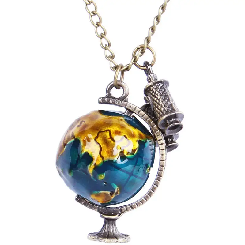 Collar con colgante largo de aleación con mapa del mundo terrestre, globo de viaje, telescopio Vintage