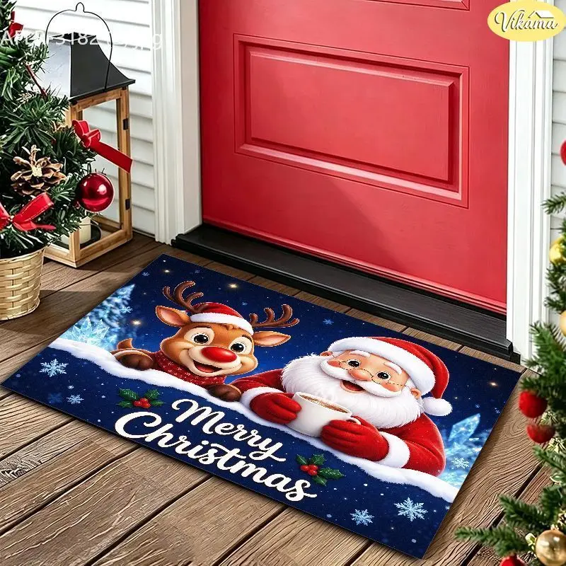 VIKAMA Blue Santa Reindeer Cocoa Entryway Rug Non Slip Low Profile Mats for Outside Front Door Xmas Winter Decor Washable