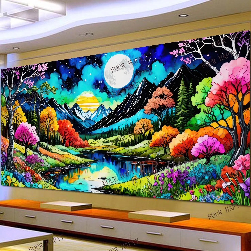 5D DIY Large Diamond Painting Cross Colorful Trees Flowers Mountains Landscape Wall Art, Full Round Drill, Embroidery Home Decor