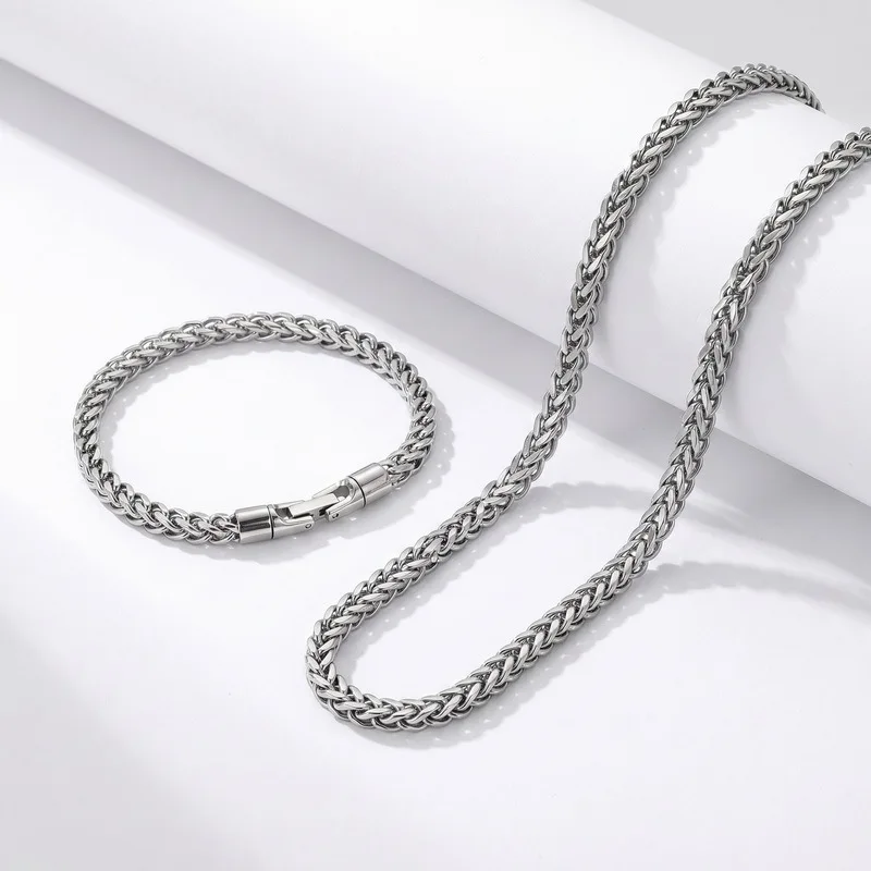 Elegant Stainless Steel 5mm Figaro Wheat Link Bracelet/Necklace Combo Set with Measuring Chains (Total: 26+8.26 inches)