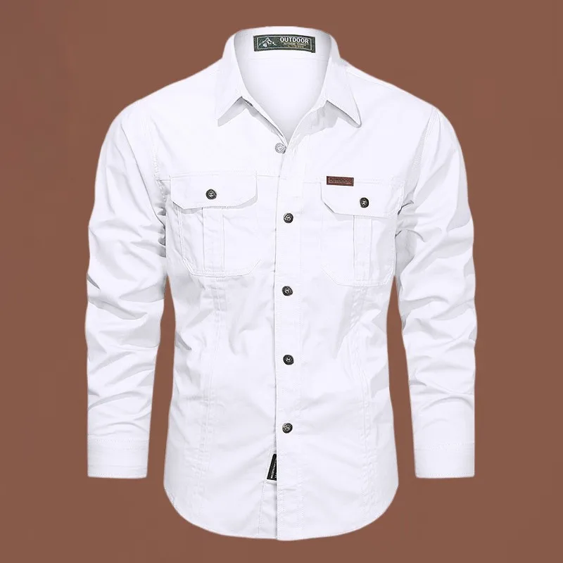 Wiosna Jesień Koszula Cargo Mężczyźni Długi rękaw Casual Bawełniane koszule Wysokiej jakości Camisa Militar Overshirt Marka Odzież Biała Bluzka