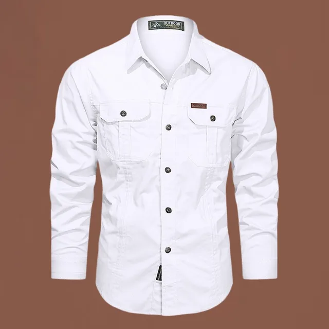 Wiosna Jesień Koszula Cargo Mężczyźni Długi rękaw Casual Bawełniane koszule Wysokiej jakości Camisa Militar Overshirt Marka Odzież Biała Bluzka