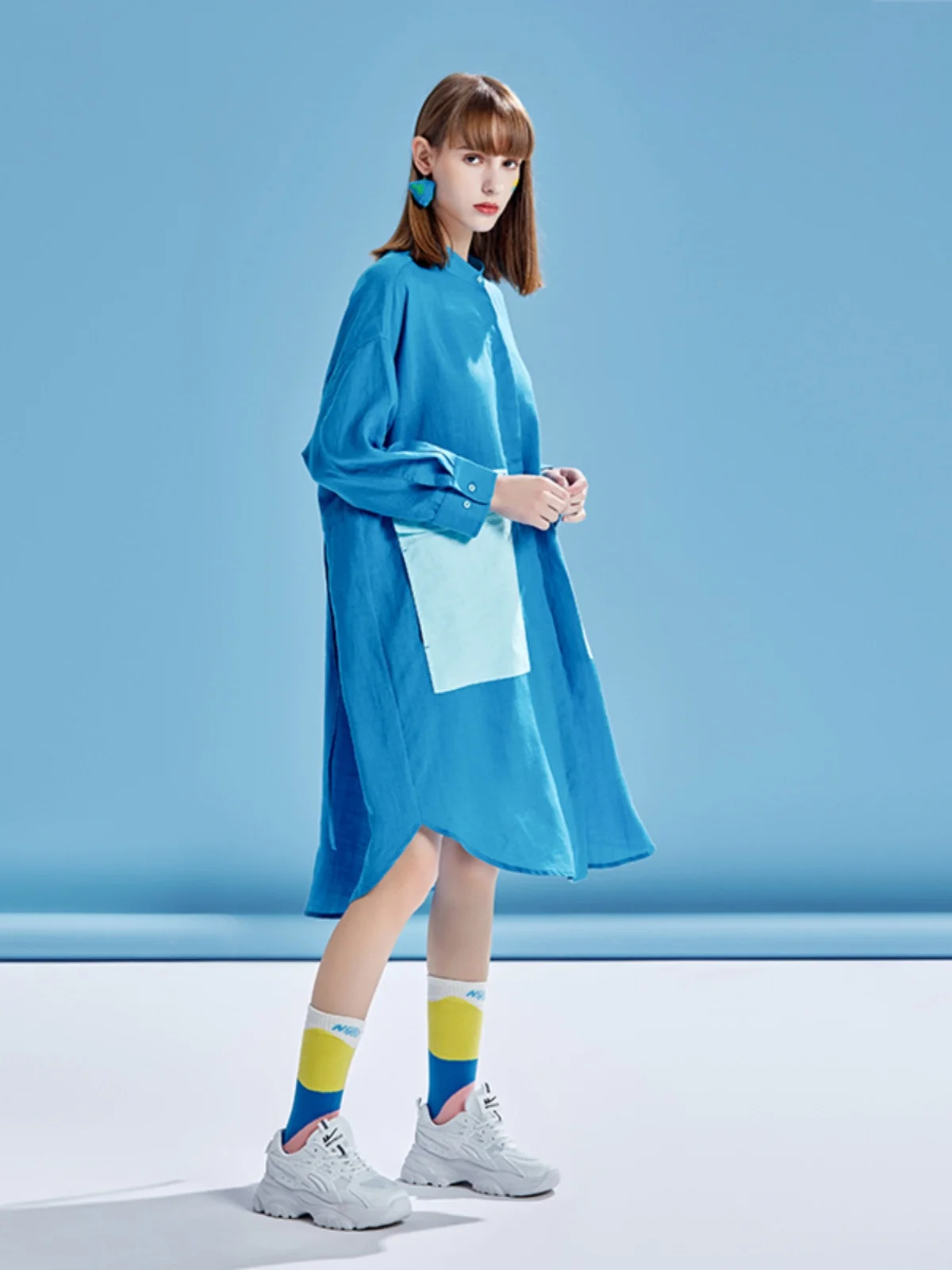 

Original Color Blo ket Design Loose Fre Stand Collar Dr Women's Summer New Artistic Temperament Skirt