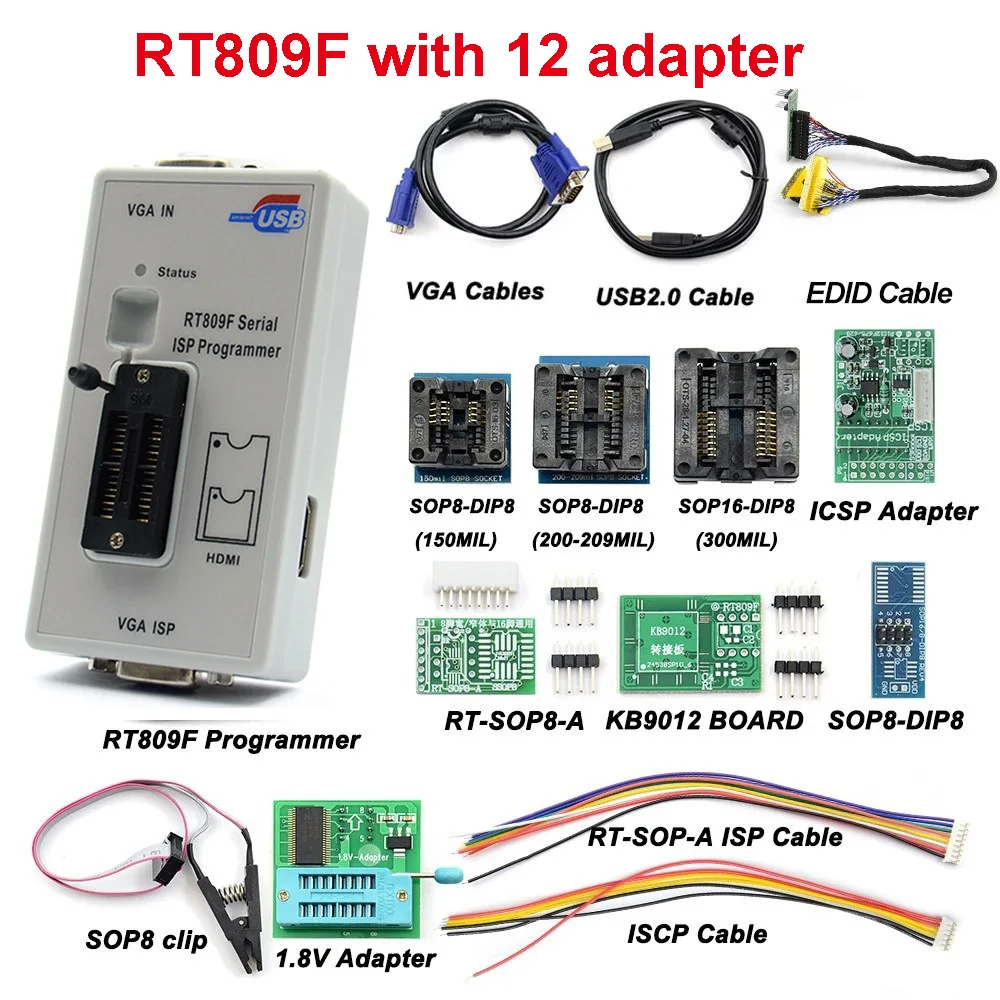 

RT809F ISP Programmer with 12 Adapters RT809 LCD Usb Eeprom Car Repair Tools Serise IC SOP8 Test EDID Cable ICSP Bios