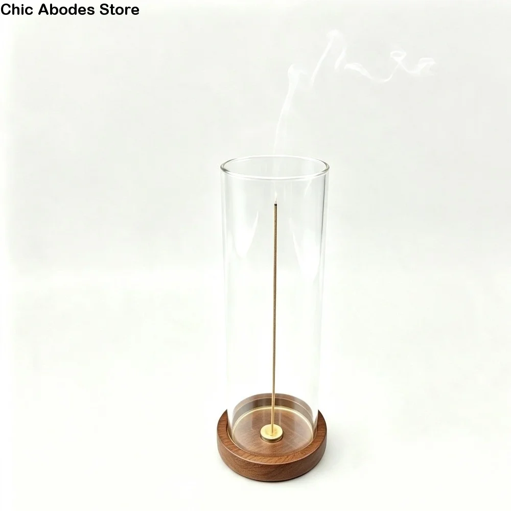 Transparent Glass Incense Holder Minimalist Zen Style Incense Burner Removable Bamboo Base Anti-Ash Flying Incense Burner