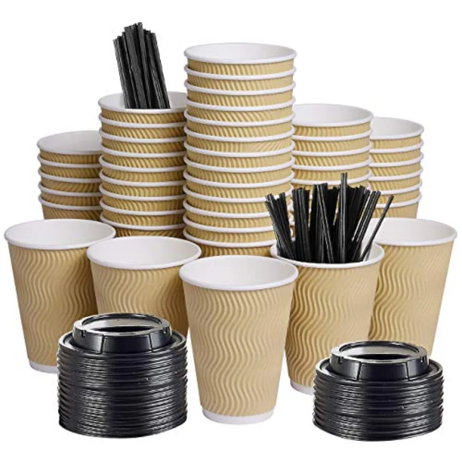 

Disposable Paper Coffee Cups with Lids 100 pack 12 oz Ripple Wall Insulated To Go Coffee Cups for Hot/Cold Beverage Recyclable