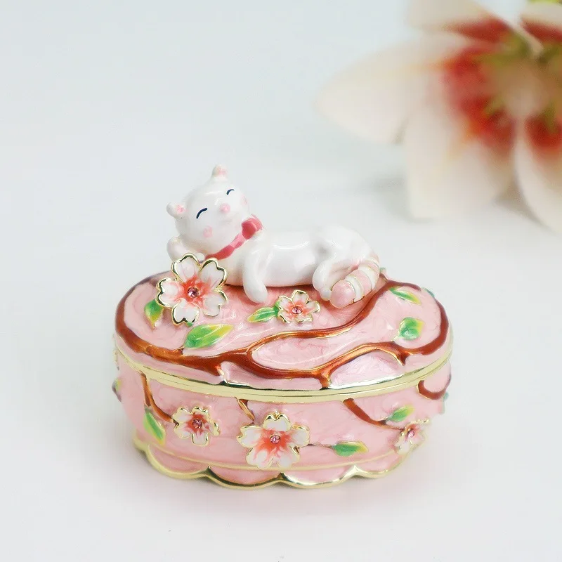 Japanese sweet princess style enamel color cherry blossom cat metal jewelry box desktop ornament exquisite girls gift wholesale
