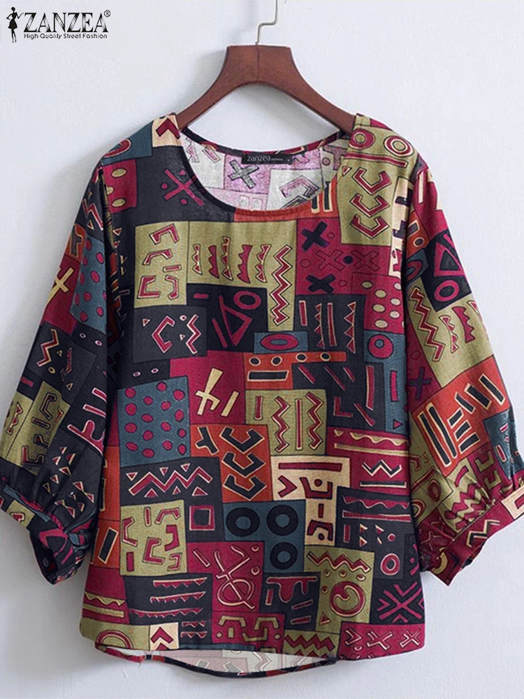 

ZANZEA Retro Women Printed Blouse Summer O Neck 3/4 Sleeve Shirts Vintage Holiday Tunic Tops Casual Loose Cotton Blusas Chemise