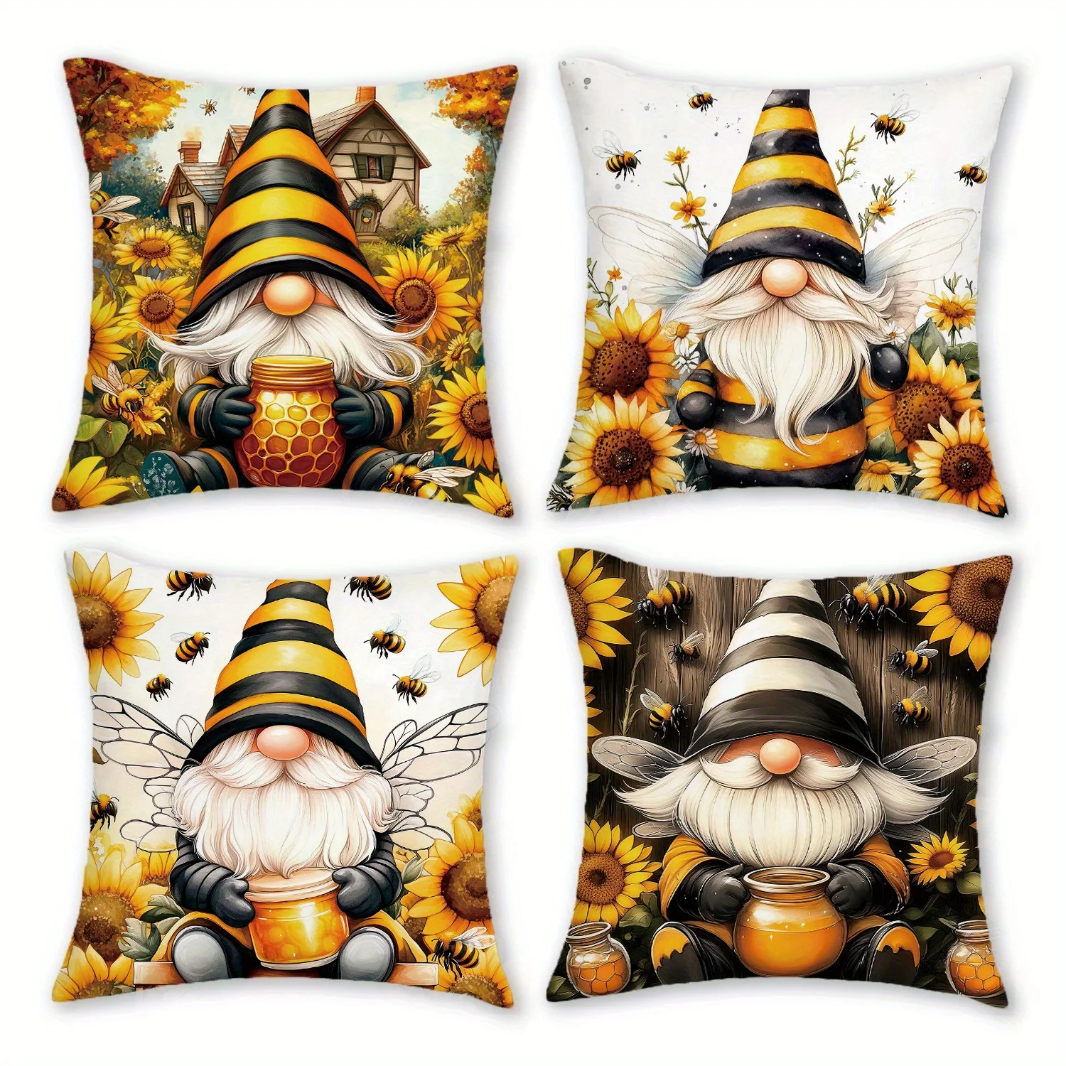 

4pcs Honeybee & Gnome Throw Pillow Covers, 18in, Zipper Closure Polyester, Cozy Farmhouse Decor for Living Room & Bedroom, No In