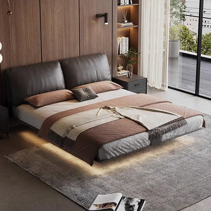 suspension bed elephant ear bed leather stainless steel Italian minimalist steel frame black Internet celebrity new wedding bed
