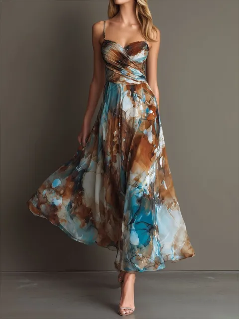 Vestidos de mujer 2026: Nuevo vestido largo de playa con tirantes, elegante, estampado, sexy, sin espalda, estilo sencillo y a la moda.