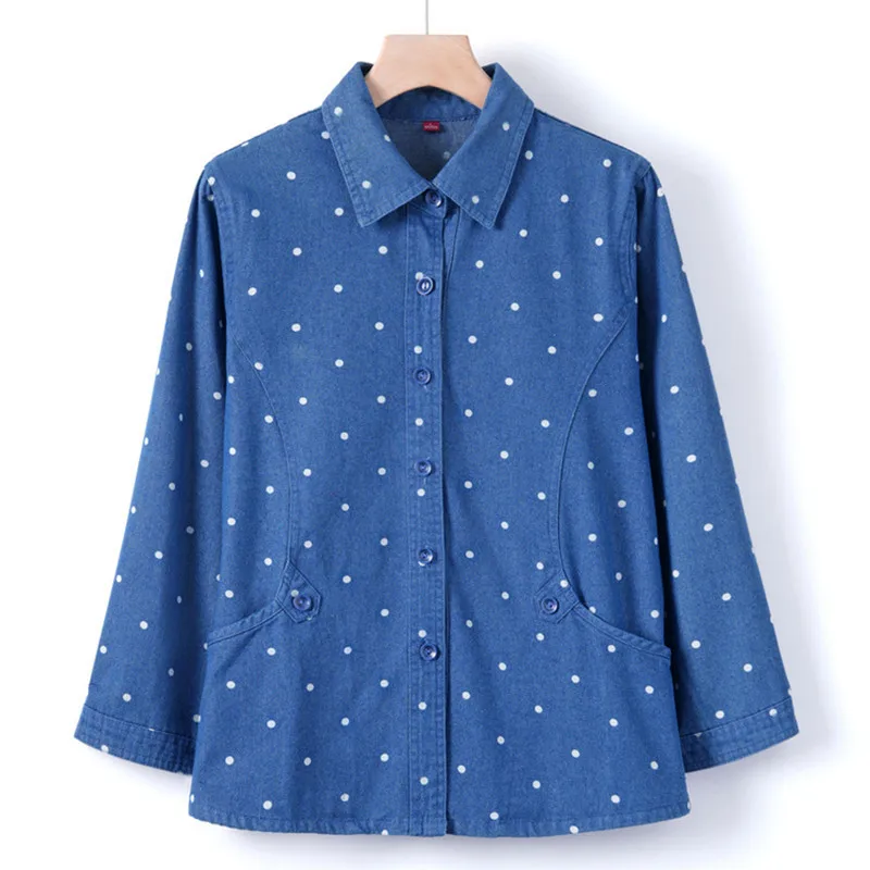 Woman Clothing Loose Lapel Long Sleeve Shirt Coat Thin Spring Autumn Jeans Jacket Polka Dot Buttons Middle Aged Mother Coats