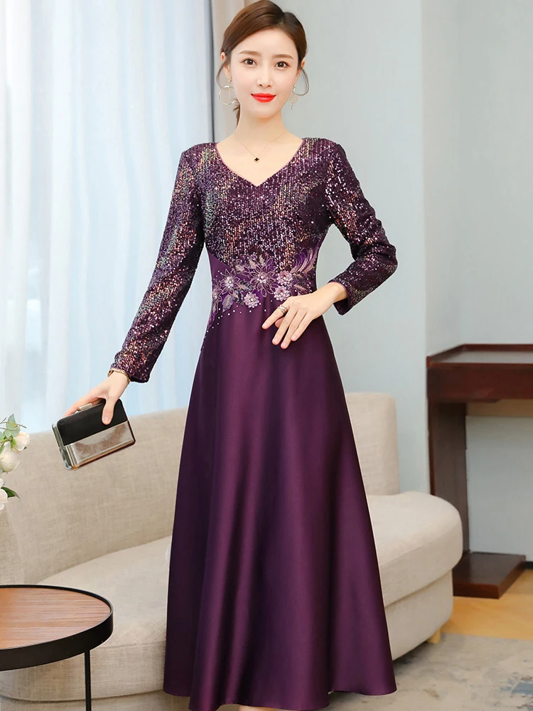 Mother Of The Bride Dresses Long Sleeve Sequin Embroidery Appliques Elegant Dress Women For Wedding Party Female Formal Dresses