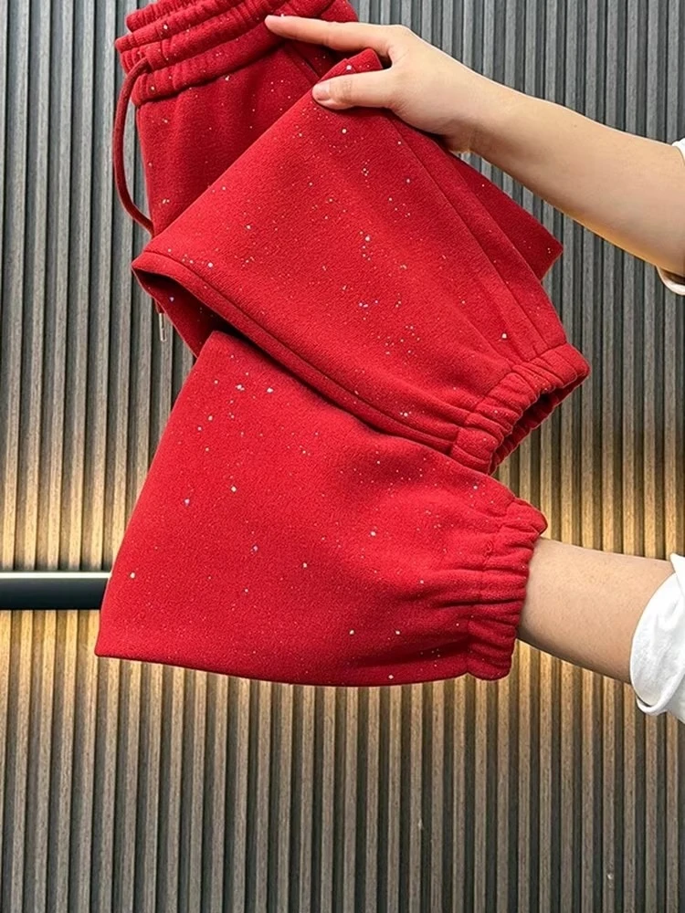 レッドフリース裏地スウェットパンツレディースファッションY2kファインフラッシュハイウエストハーランパンツ冬ルーズ厚く暖かいクロップドパンツ