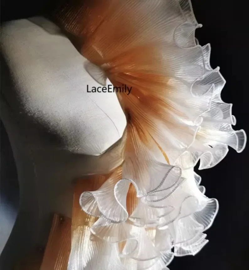 gradient gold Pleated Organza Lace Trim gradient purple ruffled Ombre lace Trim for Bridal Wedding Gown,   5.9