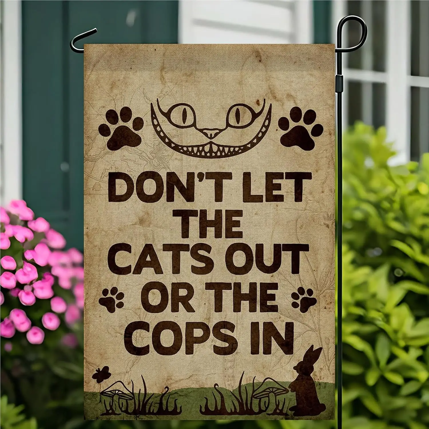 Funny Garden Flag 12x18 Double Sided - No-Fade Weatherproof Burlap Cat Decor - Don't Let the Cats out or the Cops in - S yyi