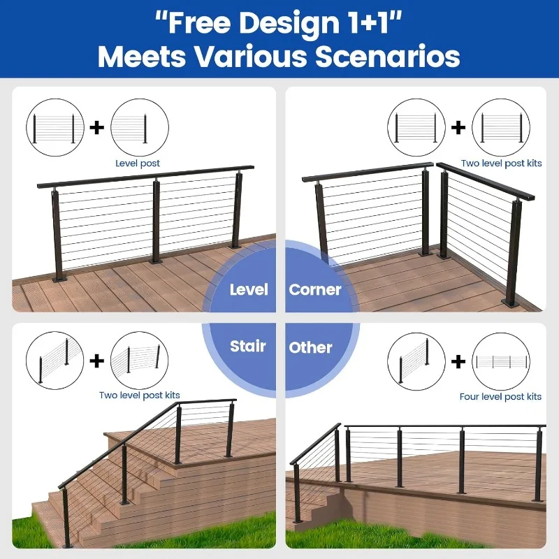 2025 10 pés-15 pés completos se postes ps01, cabo de fio de 200 pés, sistema de trilhos de cabo sem goats kit diy (sem corrimão) rws1 ba4l