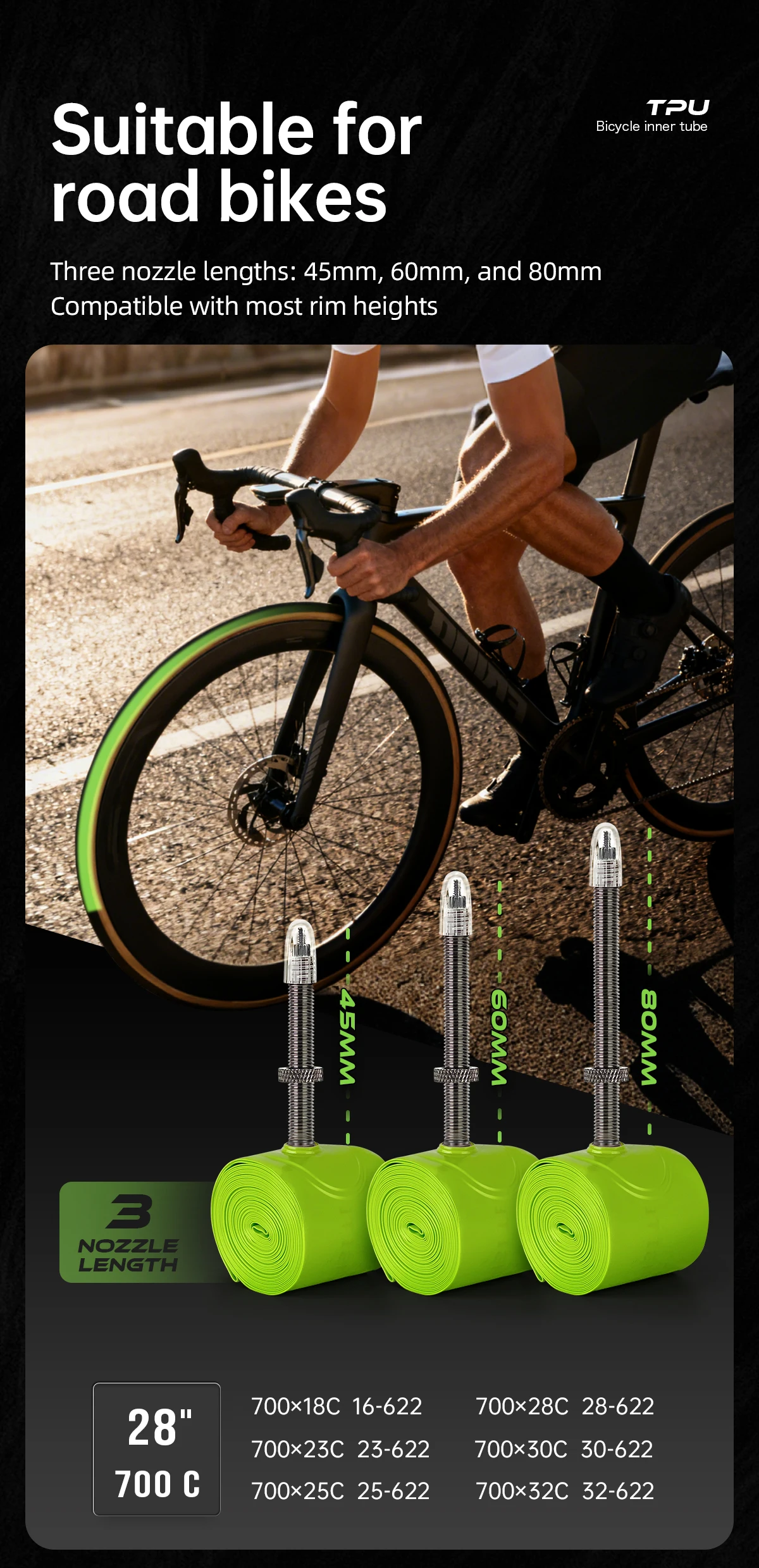 CYCLAMI Fahrradschlauch Ultraleichter TPU-Schlauch Metall-Presta-Ventil Abnehmbares Fahrradzubehör für Rennräder 700C 700 18 23 25 28 30 32 C – Detail 6