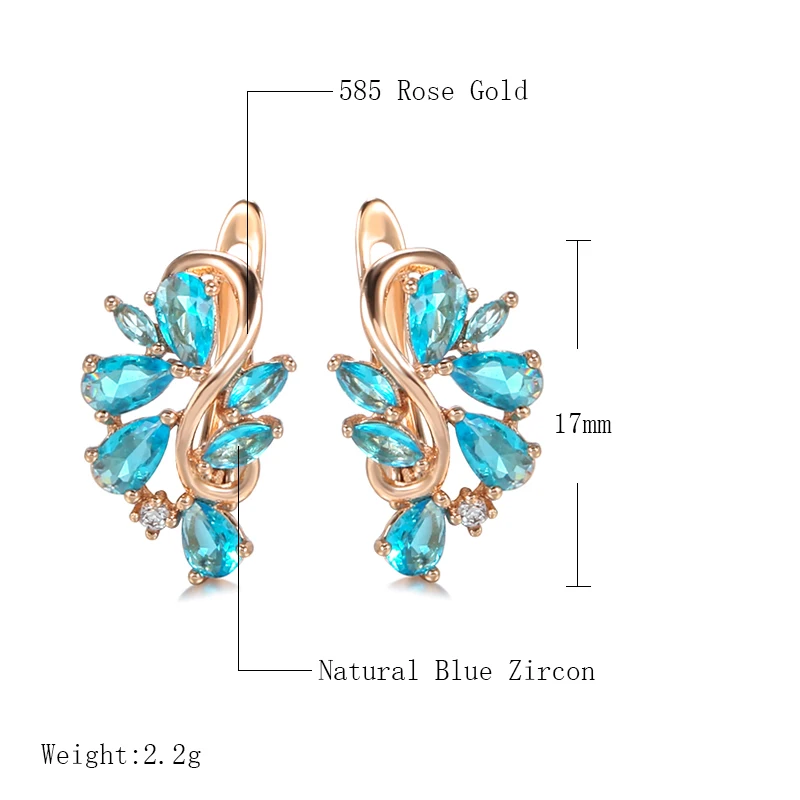 New Personality Bright Blue Zircon Earrings 585 Rose Gold Hollow Charm Curve Symmetrical Buckle Earrings Party Unusual Jewelry