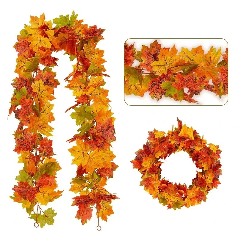 175CM Autumn Artificial Maple Leaf Wreath Fake Leaf Plant Vine Home Decor Garden Halloween Wall Outdoor Doors Windows Decoration