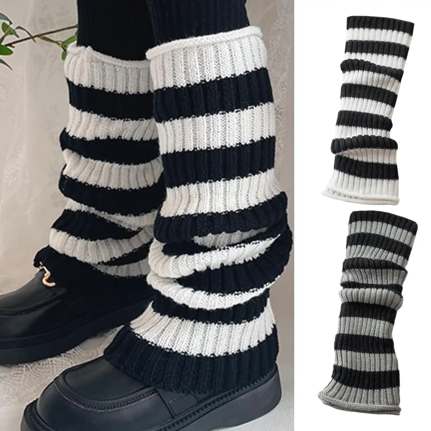 Herfst Winter JK Meisjes College Voet Cover Warme Stapel Sokken Boot Cover Zwart Wit Gestreepte Gebreide Beenwarmers Vrouwen