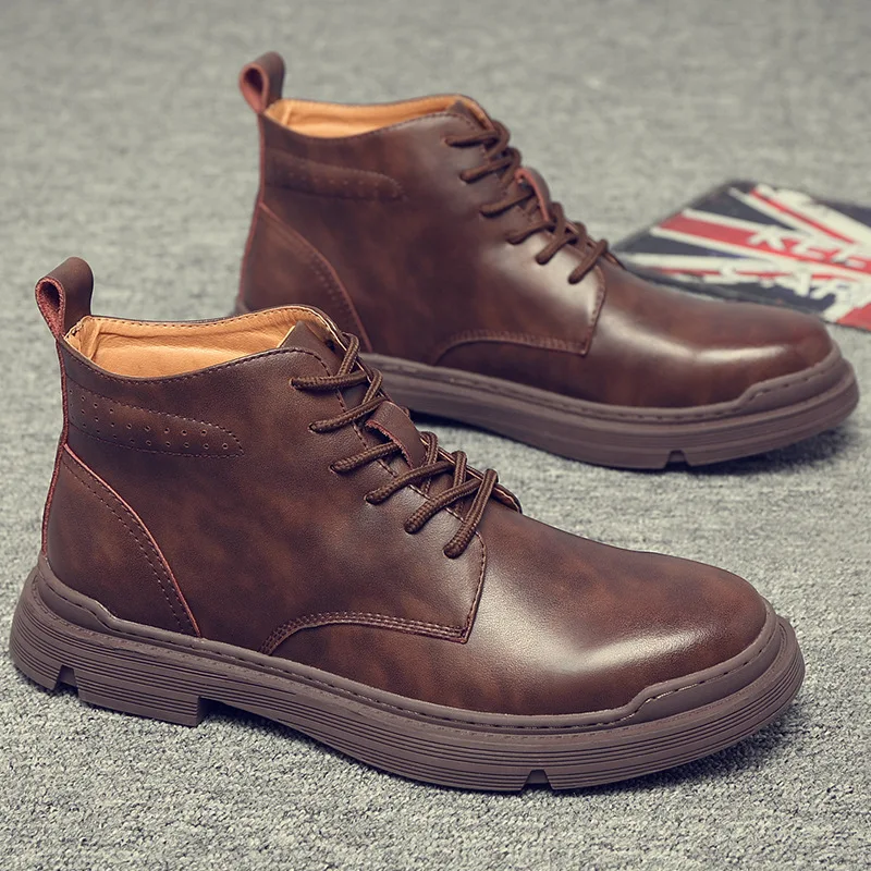 

Men's British Style Retro Leather Large Size Men's Shoes Tooling Boots Mid-cut Leather Boots