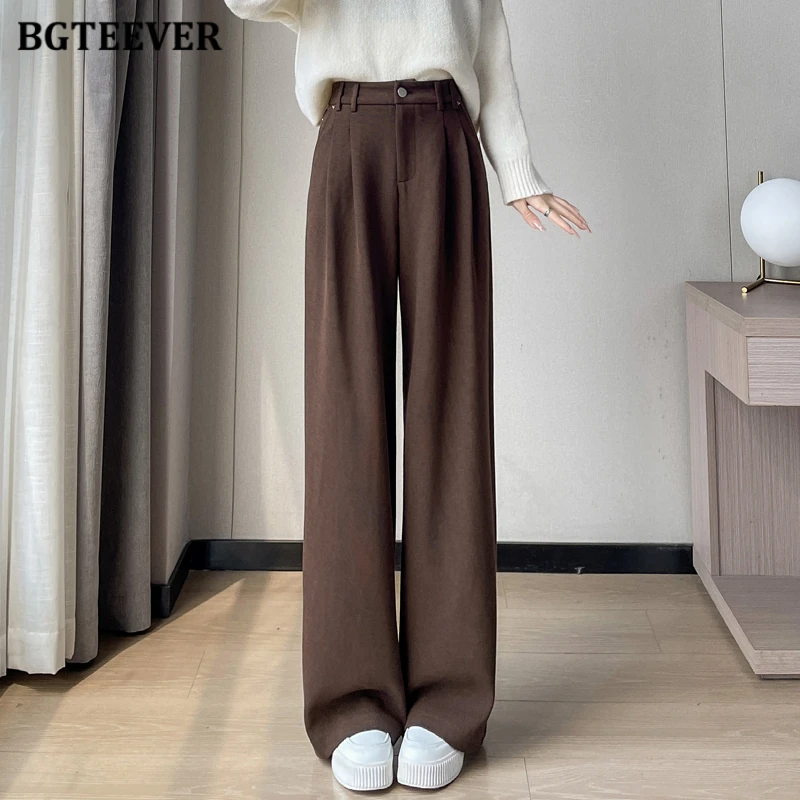 BGTEEVER Autumn Winter Cotton Velvet Pants for Women Thick Fleece Warmer Wide Leg Trousers Female High Waist Ladies Long  Pants