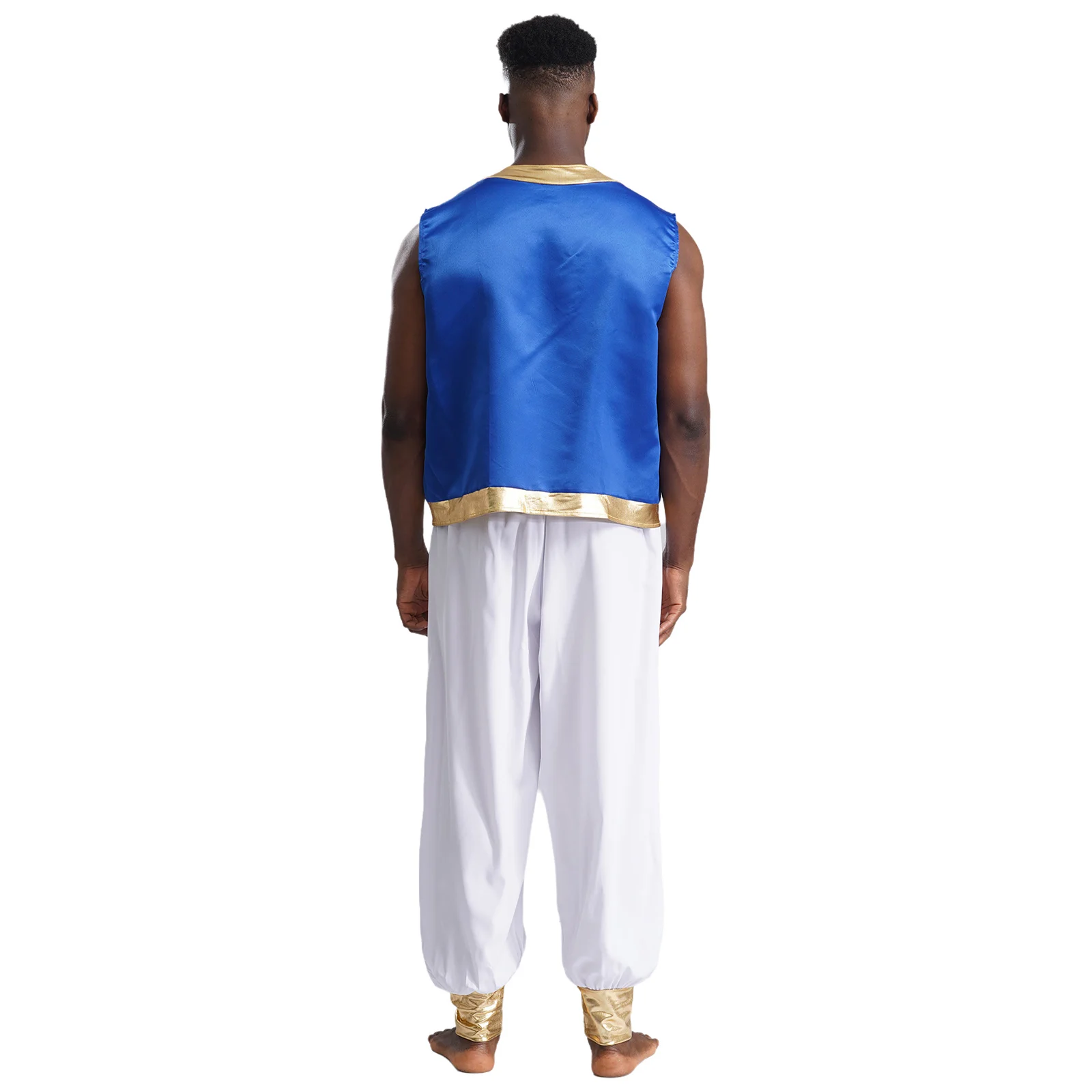 Mens Arabian Prince Costume Aladin Captain Cosplay Outfits Metallic Shiny Trim Open Front Glitter Vest with Belted Long Pants