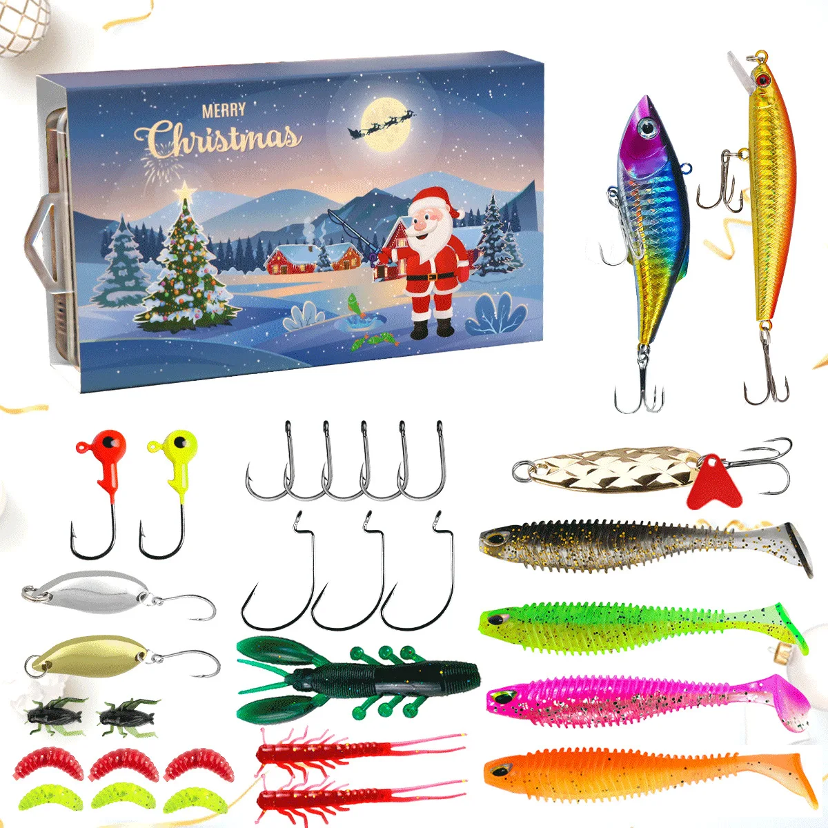 Christmas Fishing Lure Set 30-Piece Multi-Species Hard Baits and Hooks Kit Realistic Fishing Baits Catching Bass Trout Salmon