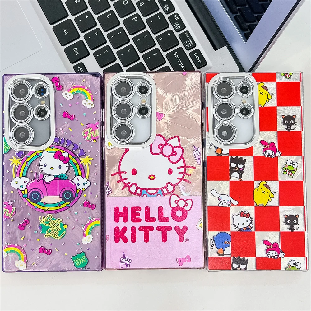 Cute Cartoon Hello Kitty Phone Cases for Samsung Galaxy S23 Ultra S24 S25 Plus A15 A16 A25 A35 A55 A56 electroplated Soft Cover