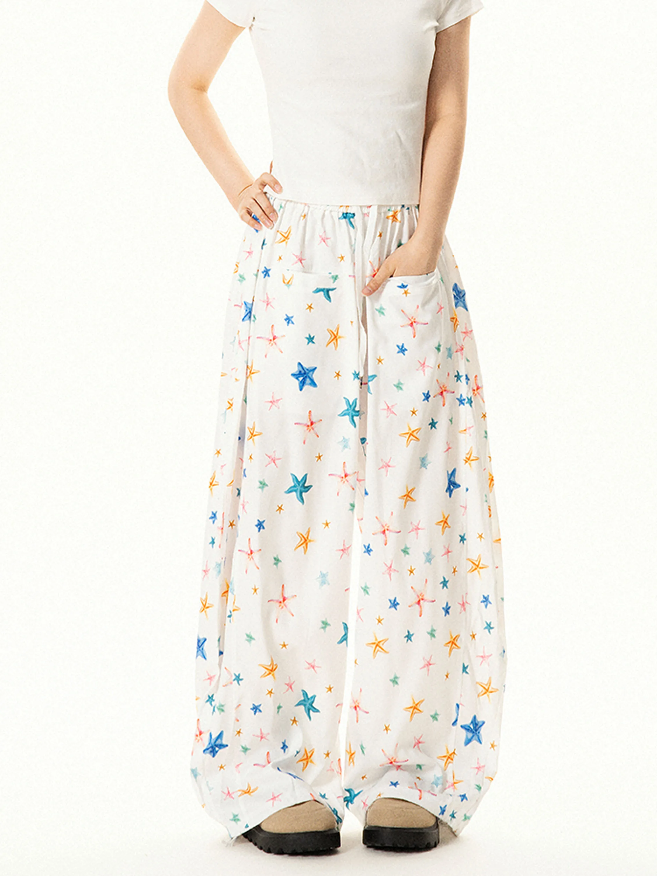 

Женские повседневные брюки свободного кроя с принтом звезд, универсальные, стройнящие, с широкими штанинами, длинные, модные, для офиса, с завышенной талией
