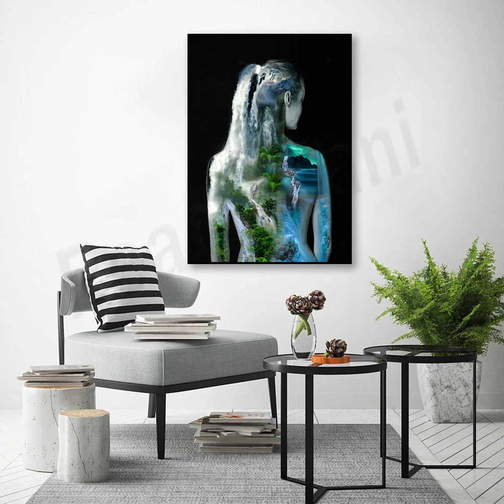 Постер для фотосъемки с природным пейзажем, постер на холсте с зеленым деревом, пейзаж с красивой женщиной, картина для гостиной