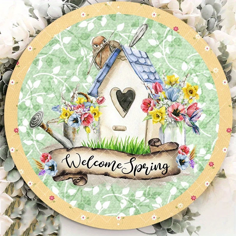 Welcome Spring Round Metal Tin Sign Watercolor Bird House Floral Flower Wall Art Decor Vintage Spring Season Plaque For Front Do