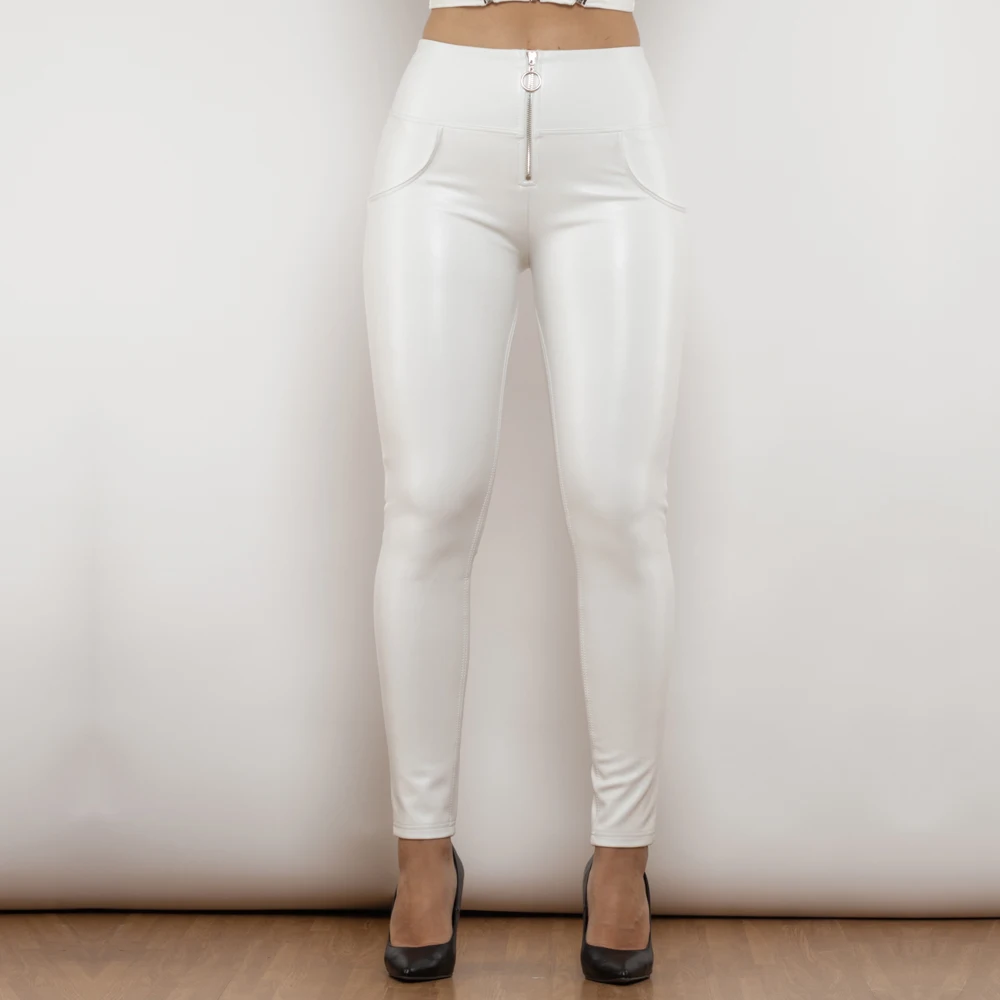 

Shascullfites Melody Ring Zipper PU Leather Pants High Waist Elastic High Street Pants Trousers Push Up White Leather Leggings