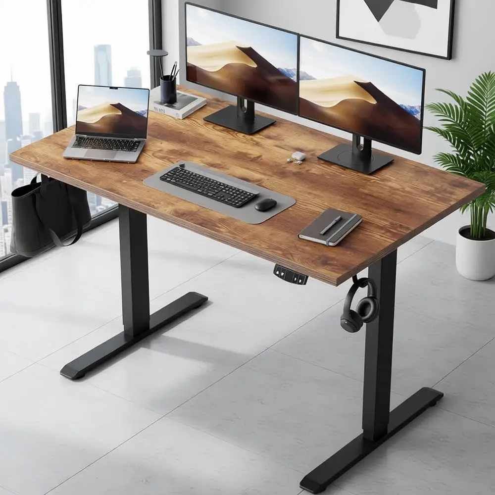 Height-Adjustable 48 Inch Electric Standing Desk, Rustic Brown, Two-Piece Top with Memory Preset and Sit-Stand Features