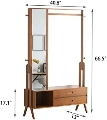 Bamboo Wooden Garment Rack Freestanding Closet Organizers and Storage Drawers with Mirror&Hooks, Coat Rack, Open