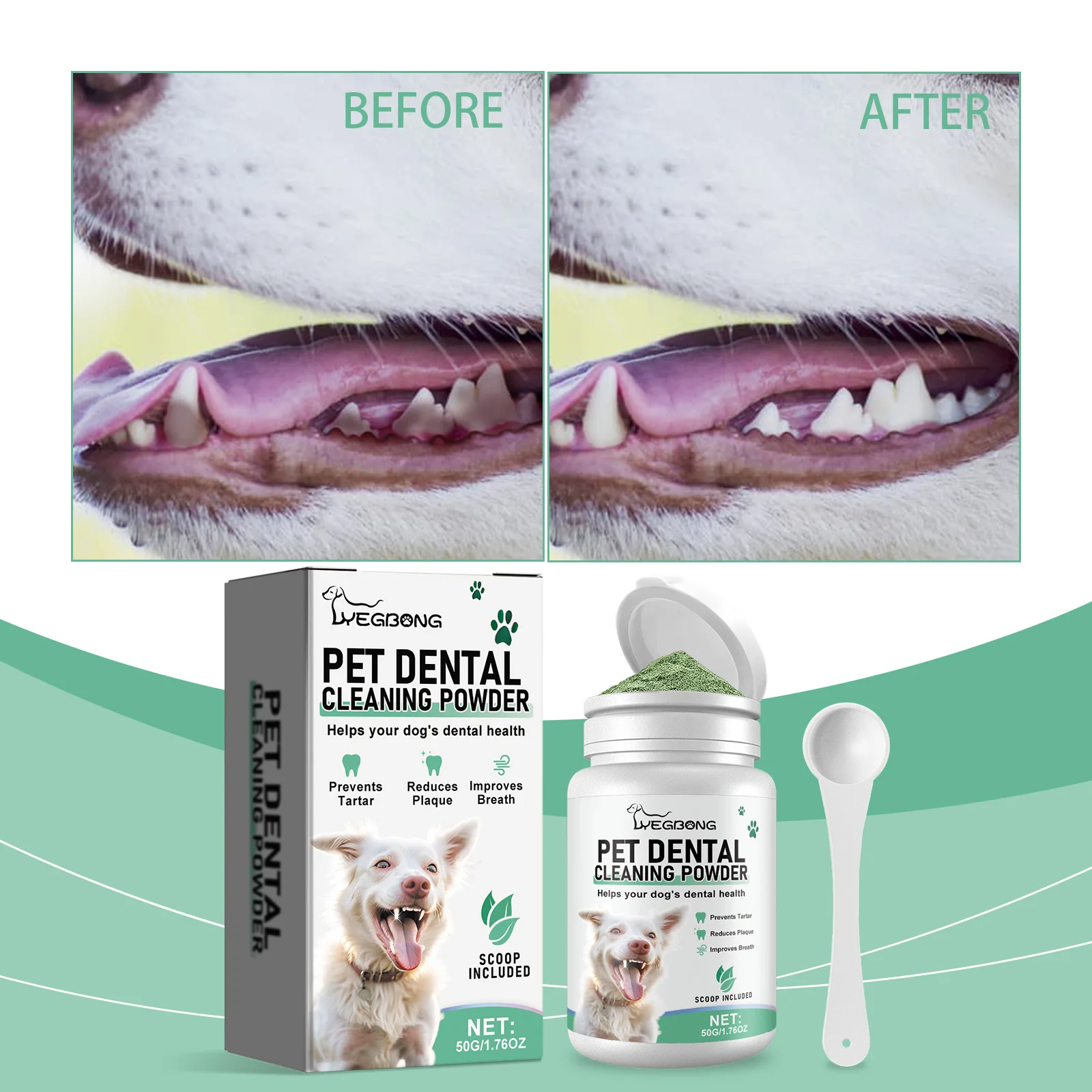 Dog Dental Cleaning Powder, Gentle Formula For Dogs To Remove Tartar Plaque, Freshen Breath And Protect Oral Health