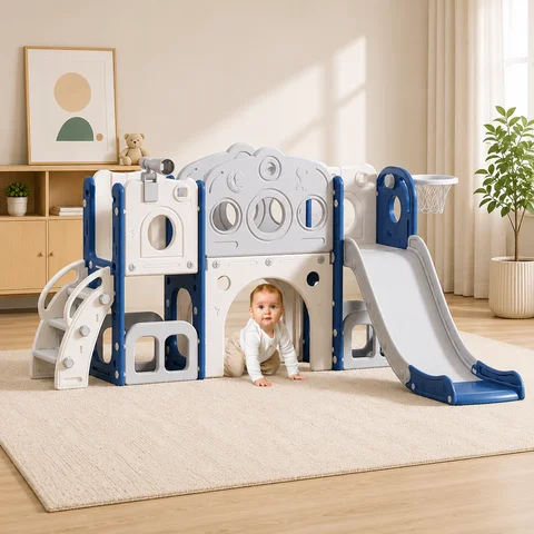 7-in-1 Toddler Slide Playset for Ages 1-3 with Storage Non-Slip Steps Basketball Hoop & Telescope Features Blue & White