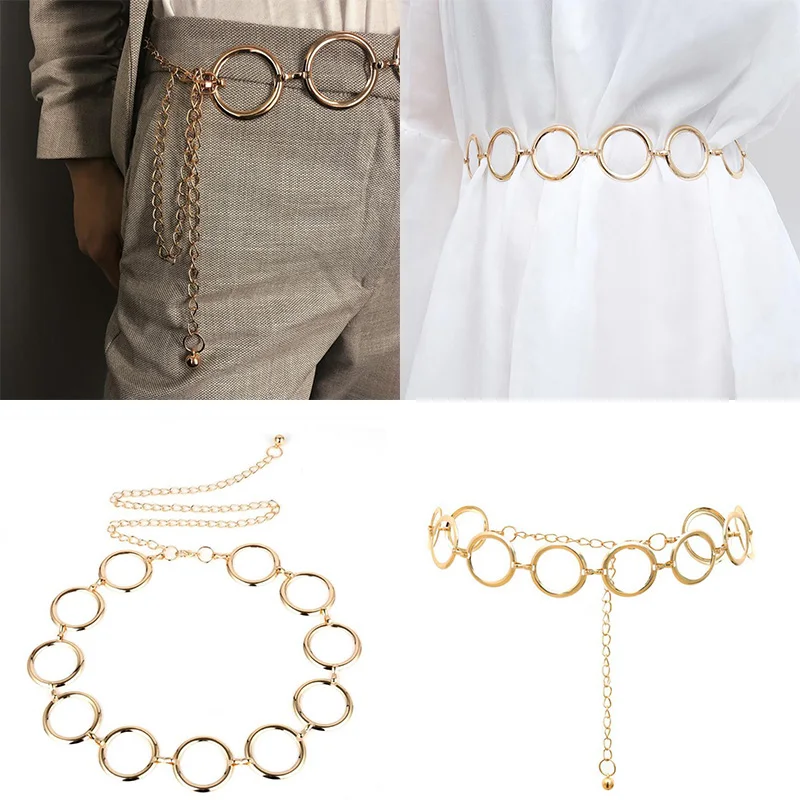 Ladies Geometric Long Belly Waist Chain Belt For Women Fashion Female Personality Metal Gold Circle Chain Belt For Dress